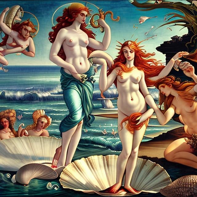 Prompt: Anne Anderson, Adrienne Segur,  Simeon Solomon　animesque　surreal　wondrous　strange　Whimsical　Sci-Fi Fantasy　The Birth of Venus　Goddess Venus、Scene born from the sea as a mature adult woman　Venus born from the sea and on a shell