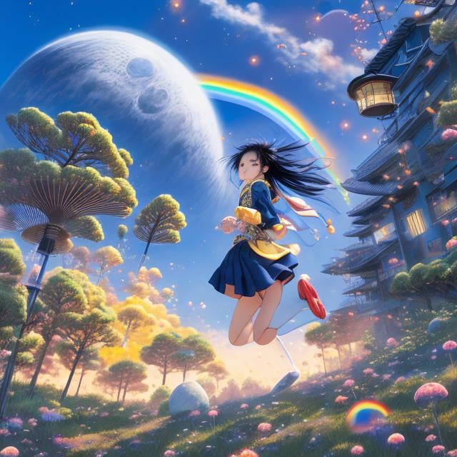 Prompt: Masamune Shirow, Katsuhiro Otomo, Hiroshi Masumura, Kiichi Okamoto, Takeo Takei, surreal, mysterious, bizarre, fantastic, fantasy, sci-fi, Japanese anime, miniskirt high school girl running through space, satellite, wind chime, place where the rainbow begins, sleeping moon, detailed masterpiece high resolution definition quality, depth of field cinematic lighting 