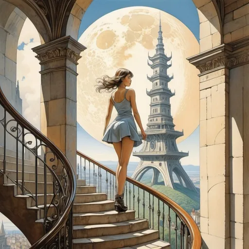 Prompt: Alexander Brodsky, Milk Morizono, Fyodor Schechtel, François Schuiten, Naoyuki Kato, Surrealism, wonder, strange, fantastical, fantasy, Sci-fi, Japanese anime, tower architecture assembled in language, glass crescent moon at midday, miniskirt beautiful girl climbing the spiral staircase outside the tower, perfect voluminous body, detailed masterpiece low high angles perspectives hand coloured fine line drawings 