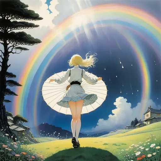 Prompt: Kay Nielsen, Mari Ito, János Vaszary, Charles Robinson, Carl Moll, Surrealism, wonder, strange, bizarre, fantasy, Sci-fi, Japanese anime, beautiful high school girl in a miniskirt spinning rainbows, perfect voluminous body, the end of the rain, a small house on the hill, detailed masterpiec 