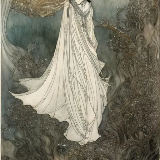 Prompt: Arthur Rackham, Kay Nielsen, Japanese anime, solo beautiful young lady, perfect voluminous attractive body, heart of the south eye of the north fingertips of the west east heel Gather together with the wind Shake off the rain and scatter, detailed high resolution definition quality masterpiece 