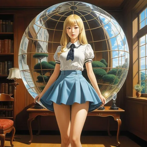Prompt: Mihona Fujii, René Magritte, Surreal, mysterious, strange, fantastical, fantasy, Sci-fi, Japanese anime, scientific antique hobby and learning from the past, illusion problem, dream judgment, triclinic crystal, blonde miniskirt beautiful girl Alice, perfect voluminous body, detailed masterpiece 