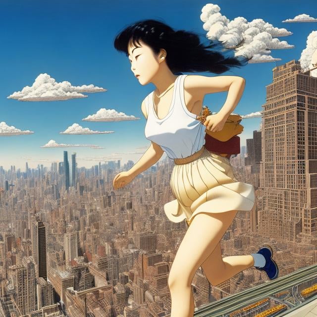 Prompt: Katsuhiro Otomo, Kenji Tsuruta, Winsor McCay, Surreal, mysterious, strange, fantastical, fantasy, Sci-fi, Japanese anime, Wonderland of fools, sense of collapse, Newton, garden, painting, and literature are connected, beautiful girl in miniskirt running at full speed, perfect voluminous body, hyper detailed masterpiece high resolution definition quality, depth of field cinematic lighting 