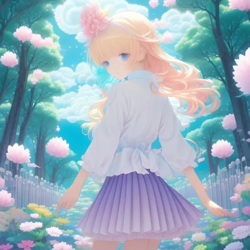 Prompt: Bisco Hatori, CHIHO AOSHIMA, Surreal, mysterious, strange, fantastical, fantasy, Sci-fi, Japanese anime, symmetry, up and down, left and right, translation, rotation, crystal, blonde miniskirt beautiful girl Alice, perfect voluminous body, detailed masterpiece 