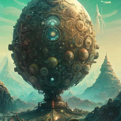 Prompt: Beeple, Anato Finnstark, Kay Nielsen, Japanese  Anime　surreal　wondrous　strange　Whimsical　absurderes　fanciful　Sci-Fi Fantasy, mechanism of spiral stars, roc bird’s egg, empire of paranoids, motorized map, hyperdetailed high definition high resolution high quality masterpiece 