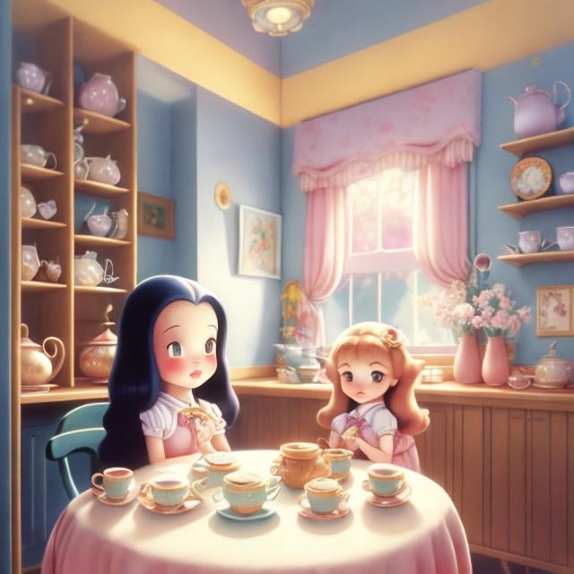 Prompt: Mabel Attwell, Maurice Sendak, Naoko Takeuchi, Surreal, mysterious, bizarre, fantastic, fantasy, Sci-fi, Japanese anime, paranoia critic, bipedal Mr. Platypus, beautiful blonde miniskirt girl Alice having tea, perfect voluminous body, Alice in a teapot house, detailed masterpiece cute 