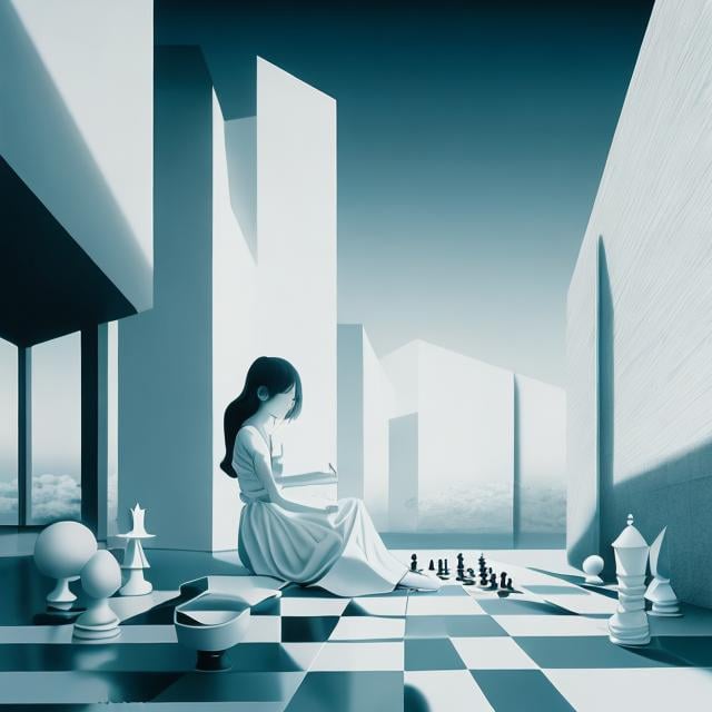 Prompt: Miho Obana, M C Escher, Surreal, mysterious, strange, fantastical, fantasy, Sci-fi, Japanese anime, geometric perspective architecture, horizon curve-divided angel perspective, line-divided ground perspective, shading expression, pretty young lady on the chess board, perfect voluminous low cut short dress body, detailed masterpiece fine lines colour hand drawings