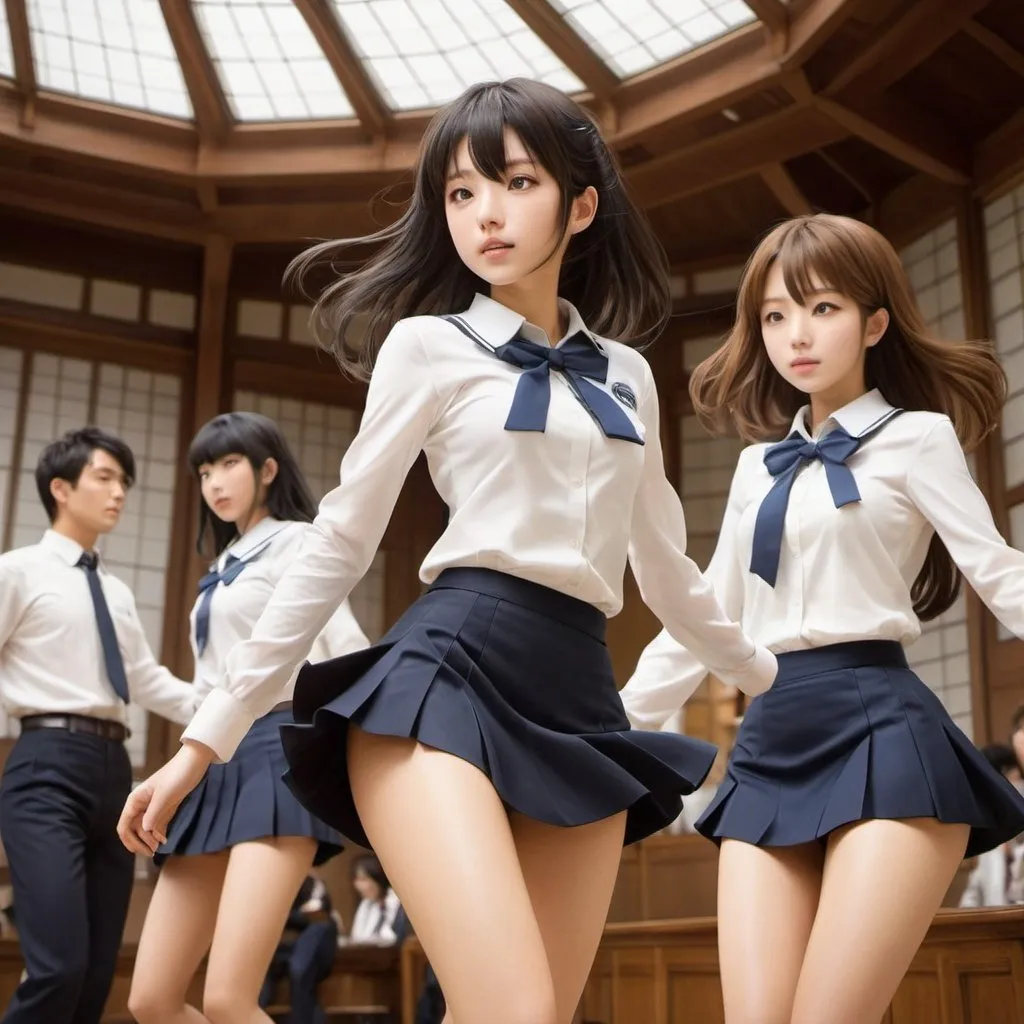 Prompt: Pierre Commarmond, Mahiro Maeda, Surreal natural history, strange, bizarre, fantastical, fantasy, Sci-fi, Japanese anime, dancing meeting, miniskirt beautiful high school, perfect voluminous body, detailed masterpiece, 