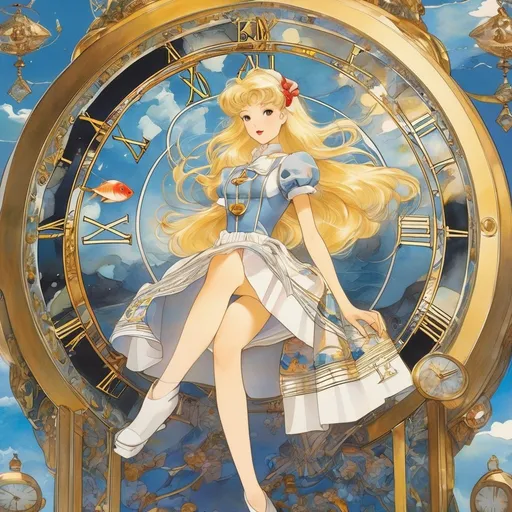 Prompt: Alexandre de Riquer, Naoko Takeuchi, Surreal, mysterious, strange, fantastical, fantasy, Sci-fi, Japanese anime, mechanical tarot, blonde miniskirt beautiful girl automaton Alice, perfect voluminous body, swimming clock, detailed masterpiece 