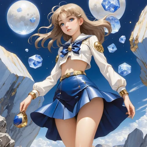 Prompt: Galileo Chini, Manuel Orazi, Mabel Attwell, Surreal, mysterious, strange, fantastical, fantasy, Sci-fi, Japanese anime, blue, white calcite and brass pyrite spots, transparent lapis lazuli crystals, true miniskirt beautiful high school girl, perfect voluminous body, sinking into the sky, detailed masterpieces 