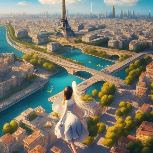 Prompt: Giovanni Paolo Panini, Dave McKean, Surreal, mysterious, strange, fantastical, fantasy, Sci-fi, Japanese anime, miniskirt beautiful high school girl with flying mechanics, perfect voluminous body, blue sky, floating, bird's eye view, Eiffel Tower, Jeep, detailed wide angles masterpiece sharp focus bird’s eye views 
