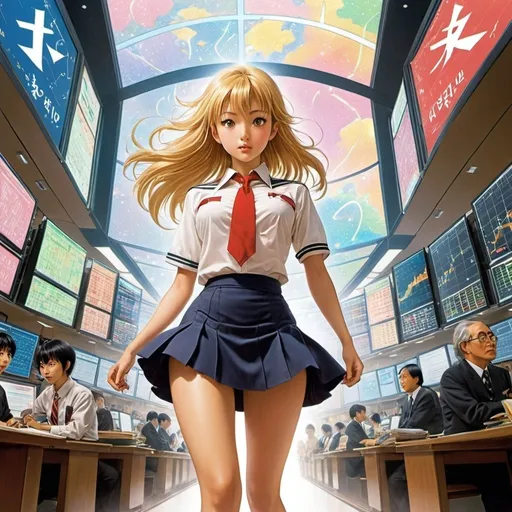 Prompt: Jacques Lob, Wanda Gág full colours, ALLEN ANDERSON, Frank Brunner, Yuu Watase, Surrealism, wonder, strange, bizarre, fantasy, Sci-fi, Japanese anime, lightning, broccoli, and the stock market, shapes and equations, beautiful high school girl in a miniskirt, perfect voluminous body, detailed masterpiece 