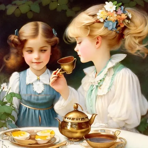 Prompt: Kate Greenaway,  Jessie Willcox Smith, Heikala, Alice in wonderland, blonde girl, having tea, hyper detailed, high resolution, high definition, high quality, masterpiece, Japanese anime, manga lines, realistic, hand drawn illustration 