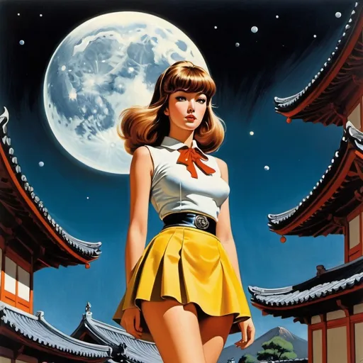 Prompt: Florence Magnin, Jean-Claude Mézières. Manchu, Ed Emshwiller, Surrealism, Mysterious, Weird, Outlandish, Fantasy, Sci-fi, Japanese Anime, How to spend a sleepless night, Beautiful high school girl in a miniskirt chatting with the moon, perfect voluminous body, detailed masterpiece low high angles perspectives 