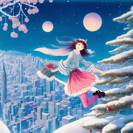 Prompt: Yumiko Igarashi, Walter Crane, Surreal, mysterious, strange, fantastical, fantasy, sci-fi, Japanese anime. Santa's sleigh, tagged by reindeer, runs through the air between skyscrapers. A beautiful miniskirt girl is scattering presents. She is happy to receive the presents, detailed masterpiece bird’s eye view wide angle sharp focus 