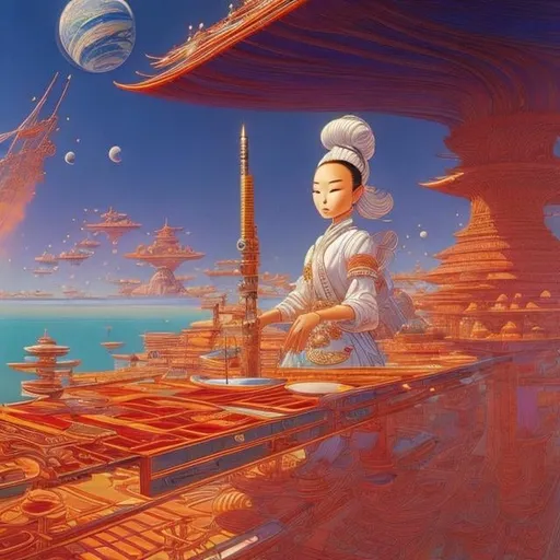 Prompt: Jean Giraud, Charles Robinson, Takeo Takei, Surreal, mysterious, strange, fantastic, fantasy, Sci-fi, Japanese anime, cooking is like magic, delicious food is happiness, beautiful girl chef, detailed masterpiece 