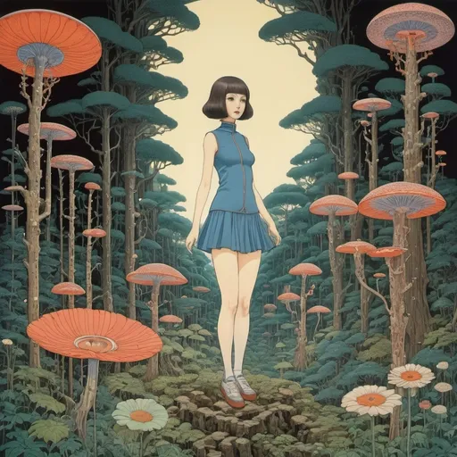 Prompt: George Barbier, Maurice Denis, Bernard Boutet De Monvel, katsuhiro Otomo, Jacek Yerka, Surrealism, wonder, strange, bizarre, fantasy, Sci-fi, Japanese anime, journey into space within the body, fibrous cells of the eye's lens, longitudinal cross-section of a nephron like a forest of flowers, beautiful high school girl in a miniskirt, perfect voluminous body, detailed masterpiece 