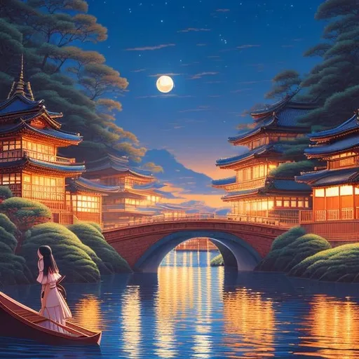 Prompt: Hasui Kawase, Virpi Talvitie, Surreal, mysterious, strange, fantastical, fantasy, Sci-fi, Japanese anime, moonlight flowing through the city, beautiful blonde miniskirt girl riding a canoe, perfect voluminous body, kingdom of the celestial sphere, detailed masterpiece high resolution definition quality 