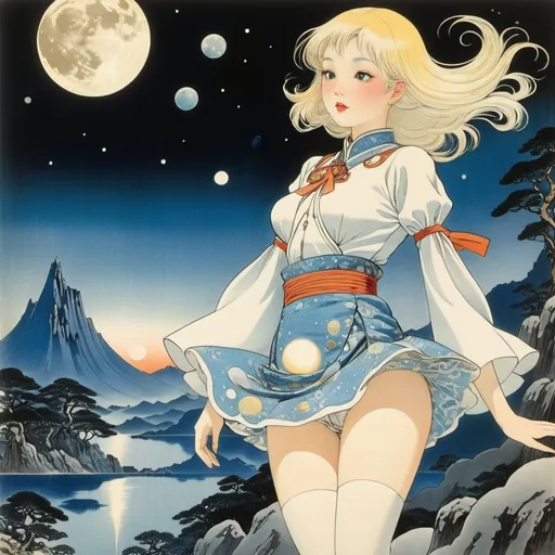 Prompt: Kay Nielsen, Utagawa Kuniyoshi, Aldo Mario Aroldi, Kiyohara Tama, Rupert Lee, Surrealism Mysterious Weird Fantastic Fantastic Sci-fi, Japanese Anime, How to Drink and Catch the Moon, World of Playing in the Moon, Beautiful Blonde Miniskirt Girl Alice, perfect voluminous body, detailed masterpiece 