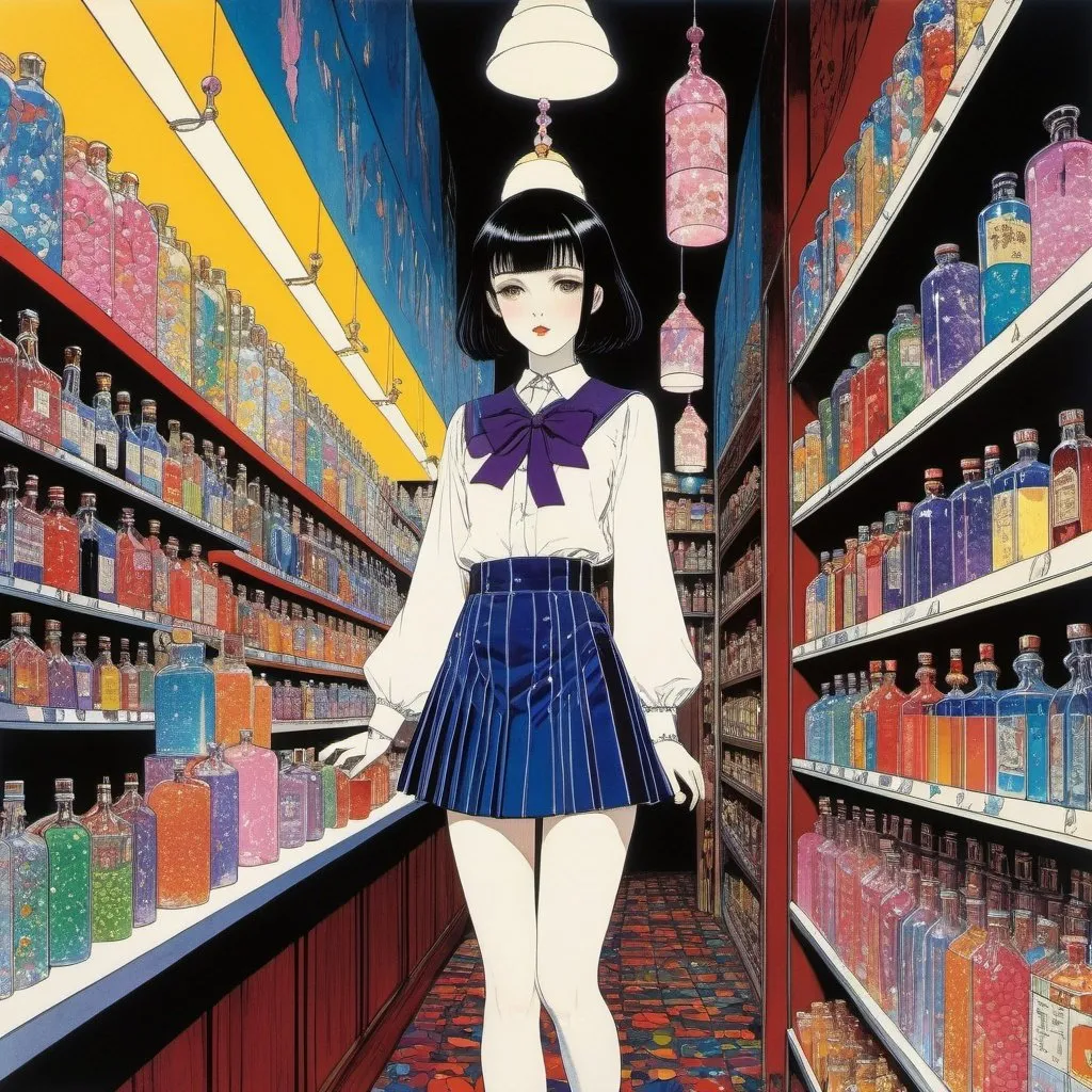 Prompt: Harry Clarke, Arthur Radebaugh, Surreal, mysterious, strange, fantastical, fantasy, Sci-fi, Japanese anime, back alley candy store that sells night bottlings, part-time miniskirt beautiful high school girl, perfect voluminous body, detailed masterpiece 