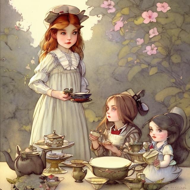 Prompt: Kate Greenaway,  Jessie Willcox Smith, Heikala, Alice in wonderland, blonde girl, having tea, hyper detailed, high resolution, high definition, high quality, masterpiece, Japanese anime, manga lines, realistic 
