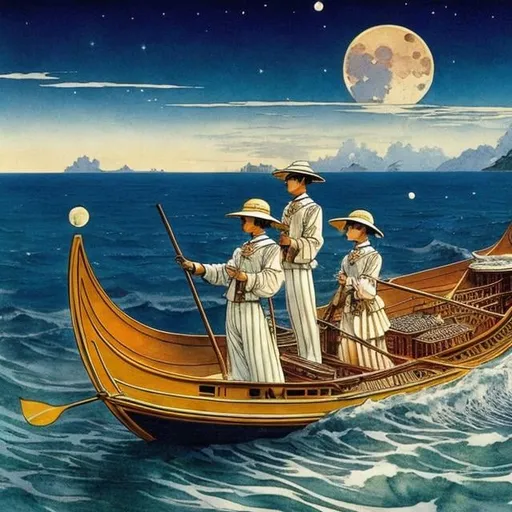 Prompt: Walter Crane, Kiichi Okamoto, Surreal, mysterious, strange, fantastical, fantasy, sci-fi, Japanese anime, countless shining moons floating on the galactic sea, fishermen in a small boat, detailed masterpiece 