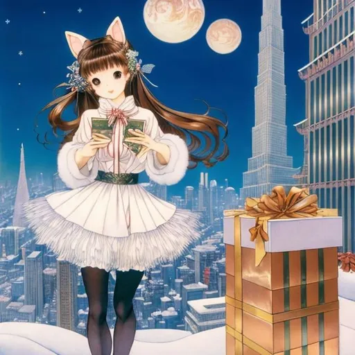 Prompt: Yumiko Igarashi, Walter Crane, Surreal, mysterious, strange, fantastical, fantasy, sci-fi, Japanese anime. Santa's sleigh, tagged by reindeer, runs through the air between skyscrapers. A beautiful miniskirt girl is scattering presents. She is happy to receive the presents, detailed masterpiece bird’s eye view wide angle sharp focus 