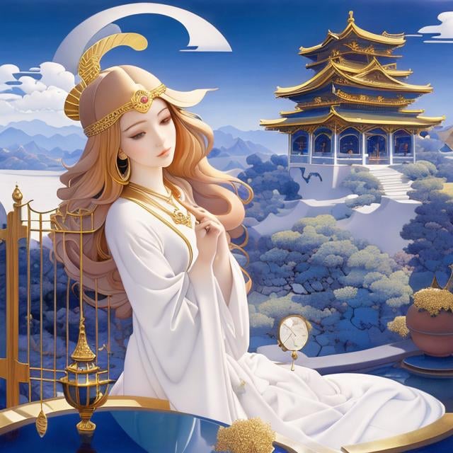 Prompt: Michael Parkes, Nicholas Roerich, Sibylle von Olfers, Japanese anime, manga lines, diamonds singing underground, water clock, gate to anywhere, growing up girl, hyperdetailed high definition high resolution high quality masterpiece 