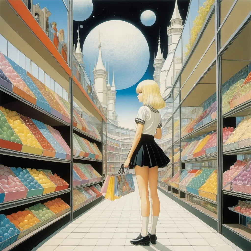 Prompt: Kay Nielsen, Yuko Higuchi, Wayne Barlowe, Mihail Chemiakin, Donovan Bixley, Surrealism, wonder, strange, bizarre, fantasy, Sci-fi, Japanese anime, shopping mall utopia, windows open to the backyard, beautiful blonde miniskirt high school girl enjoying shopping, perfect voluminous body, detailed masterpiece 