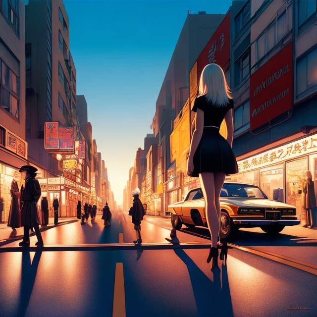 Prompt: Marc Burckhardt, Steve Dillon, Surreal, mysterious, strange, fantastical, fantasy, Sci-fi, Japanese anime, the day the world begins, the night the world ends, blonde miniskirt beautiful girl Alice, perfect voluminous body, street light, detailed masterpiece perspectives angles 