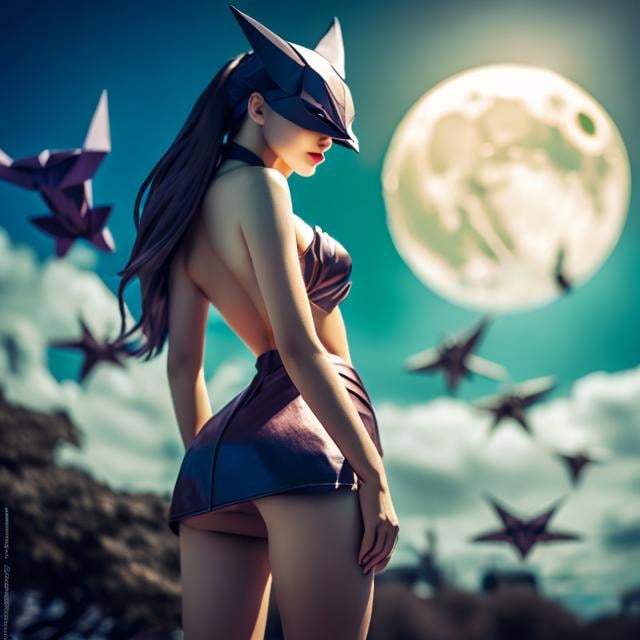 Prompt: Matt Cavotta, Duncan Fegredo, Surreal, mysterious, strange, fantastical, fantasy, Sci-fi, Japanese anime, origami museum, origami moon, plane, zoo, miniskirt beautiful girl viewing origami, perfect voluminous body, detailed masterpiece 