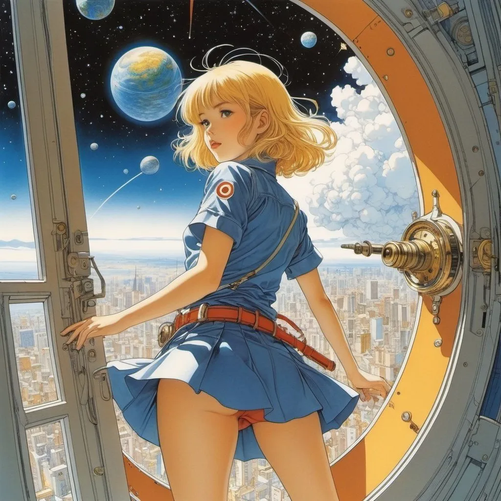 Prompt: Katsuhiro Otomo, Anne Anderson, Surreal, mysterious, strange, fantastical, fantasy, Sci-fi, Japanese anime, beautiful girl in a miniskirt who cuts out the sky and opens a window, perfect voluminous body, astrolabe, liquid-driven escapement, universe on earth, detailed masterpiece 