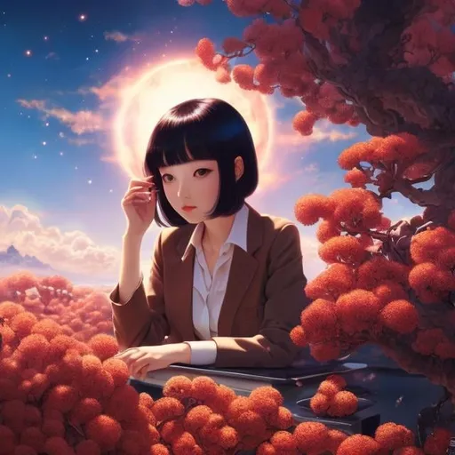 Prompt: Ewa Salamon, Katsuhiro Otomo, Surreal, mysterious, strange, fantastical, fantasy, Sci-fi, Japanese anime, quantum branching multiple realities, beautiful girl who wants to eat pudding, perfect body, night cafe, detailed masterpiece cinematic lighting 