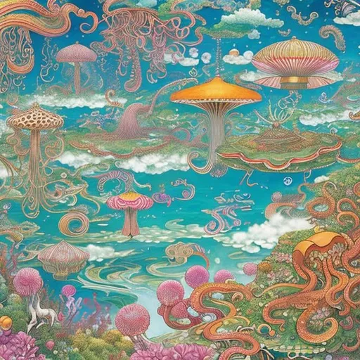 Prompt: Walter Crane,  Barbara Cooney, François-Louis Schmied, animesque　wondrous　strange　Whimsical　surreal　fanciful　Sci-Fi Fantasy　country above the clouds　Ukishima　Beetle Taxi　Fish in the sea of clouds、octopuses、jellyfish　Little girl in a taxi Hyperdetailed high definition high resolution high quality masterpiece, hands drawn illustration 