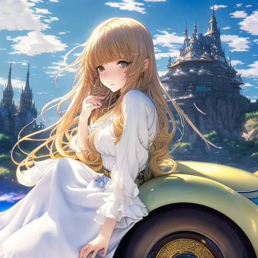 Prompt: Arthur Rackham, Jean Giraud, Walter Crane Anime wondrous strange Whimsical surreal fanciful Sci-Fi Fantasy Galactic Highway Light yellow FIAT500 giant Saturn in front Miniskirt high school girl posing sitting on the hood a beauty girl Wide Angle hyperdetailed high definition high resolution high quality masterpiece