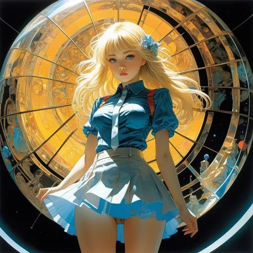 Prompt: Phillipe Druillet, Naoyuki Kato, Surreal, mysterious, strange, fantastical, fantasy, Sci-fi, Japanese anime, specimen box of light and glass, beautiful blonde miniskirt girl Alice, perfect voluminous body, non-existent object, detailed masterpiece 