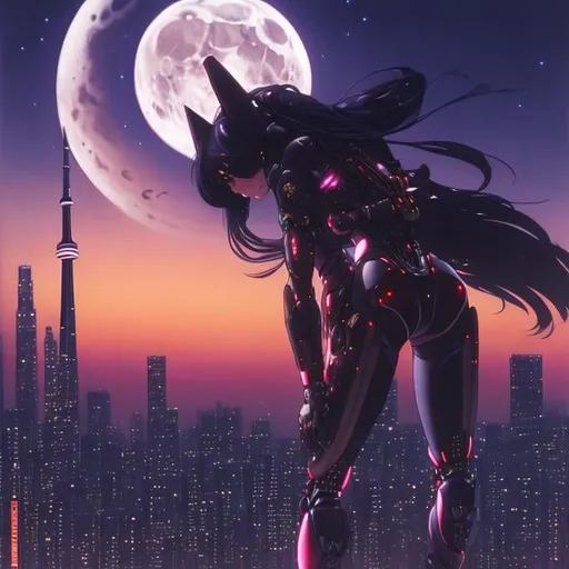 Prompt: Hiroshi Masumura, Charles Robinson, Surreal, mysterious, strange, fantastical, fantasy, Sci-fi, Japanese anime, Toronto night view, beautiful cyborg girl, rider suit, perfect voluminous body, moon in the multicolored night sky, detailed masterpiece 