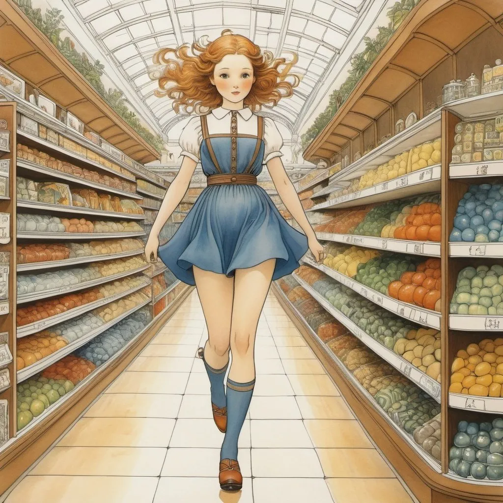 Prompt: Elsa Beskow, Georges Léonnec, Surreal, mysterious, strange, fantastical, fantasy, Sci-fi, Japanese anime, walking costume dance, miniskirt beautiful girl shopping, perfect voluminous body, department store, detailed masterpiece 