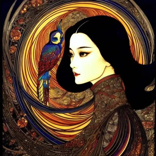 Prompt: Harry Clarke, Takeo Takei, Surreal, mysterious, strange, fantastical, fantasy, Sci-fi, Japanese anime, beautiful girl with flame hair, owl house, detailed masterpiece 