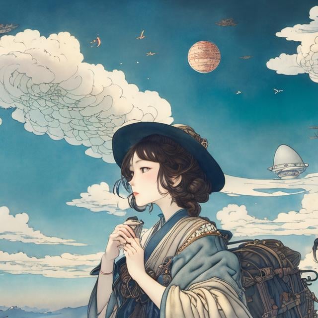 Prompt: Arthur Rackham, Ukiyo-E Katsuhiro Otomo style, Japanese high school girl, short dark hair, looking up sky above, spacecraft in the sky, blue sky with clouds. manga lines, cowboy shot