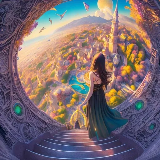 Prompt: Guy Burwell, Esao Andrews, Surreal, mysterious, bizarre, fantastical, fantasy, Sci-fi, Japanese anime, onirism, circular playground, talking black cat and miniskirt beautiful witch, perfect voluminous body, labyrinth sightseeing flight, bird’s eye views looking down looking up detailed masterpiece drawing hand coloured