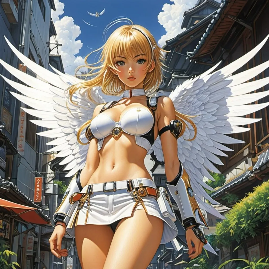 Prompt: Paul Neary, Miroslav Šašek, Lachlan Creagh, Ondřej Sekora, Else Wenz-Vietor, Jordan Lewerissa, Masamune Shirow, Surrealism Mysterious Weird Fantastic Fantasy Sci-fi, Japanese Anime, Miniskirt Machine Beautiful Girl's Wings and Summer Morning, perfect voluminous body, detailed masterpiece 