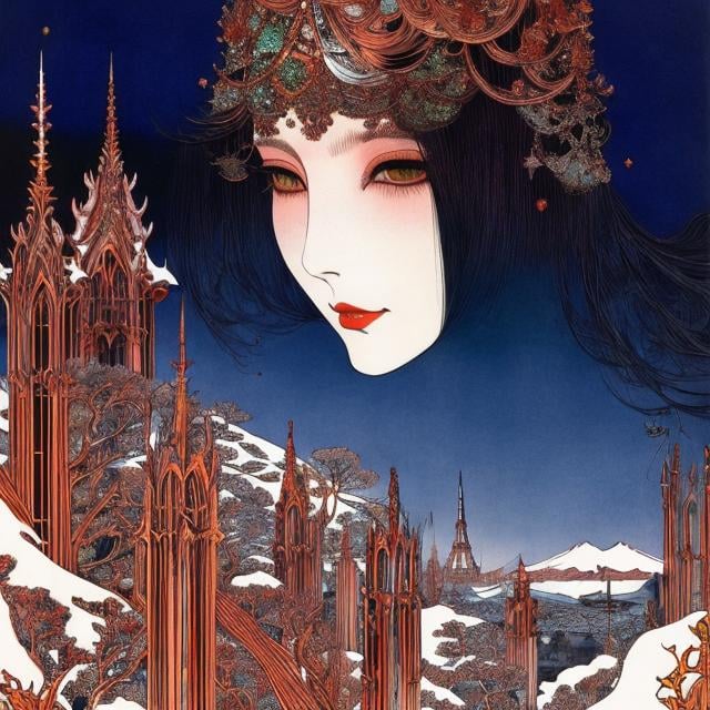 Prompt: Harry Clarke, Paul Berthon, Surreal, mysterious, strange, fantastical, Japanese anime, Tokyo Tower, warm winter, beautiful snow girl is in trouble, perfect voluminous body, tea at a mountain cafe, detailed masterpiece 