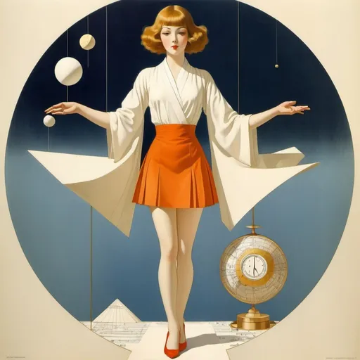 Prompt: Coles Phillips, Charles Martin, Surreal, mysterious, strange, fantastical, fantasy, Sci-fi, Japanese anime, sleepwalking orchestra, origami and mathematics, miniskirt beautiful girl, perfect voluminous body, detailed masterpiece 