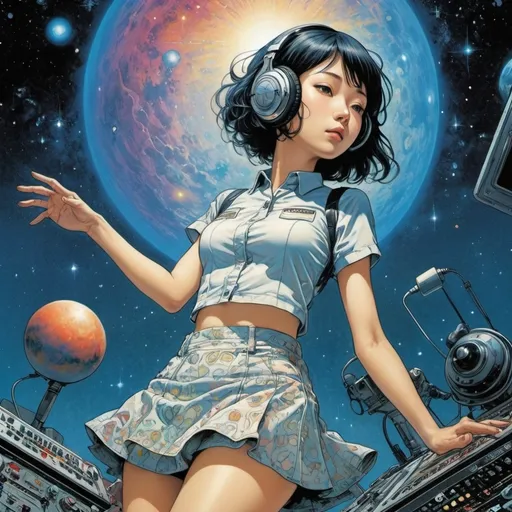 Prompt: Naoyuki Kato, Chiho Saito, Yuko Shimizu, Desmond Digby, Frank Miller, Surrealism Mysterious Weird Fantastic Fantasy Sci-fi, Japanese Anime, Orion Radio, Miniskirt Beautiful Girl DJ, Nebula, cradle of stars, detailed masterpiece 