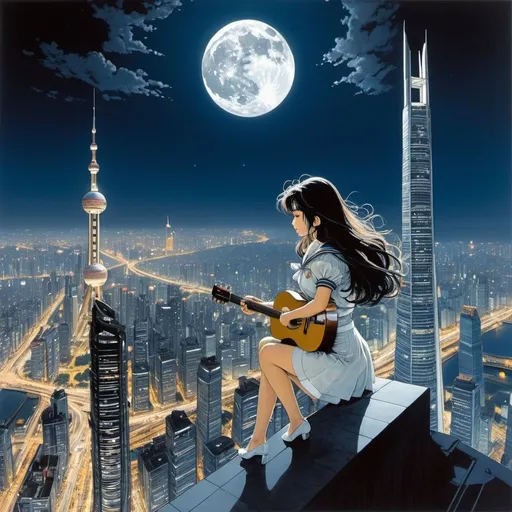 Prompt: Pierre Mourgue, Katsuya Terada, Surreal, mysterious, strange, fantastical, fantasy, sci-fi, Japanese anime, for some reason Shanghai skyscrapers, looking at the moon so round you could roll over it, a beautiful sailor girl in a miniskirt playing the guitar, perfect voluminous body, detailed masterpiece 