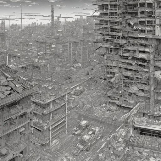 Prompt: Katsuhiro Otomo style, building crumbling down, exploded, detailed, flying cars, action, girl jumping off, fine lines, hyperdetailed high resolution high definition high quality masterpiece 