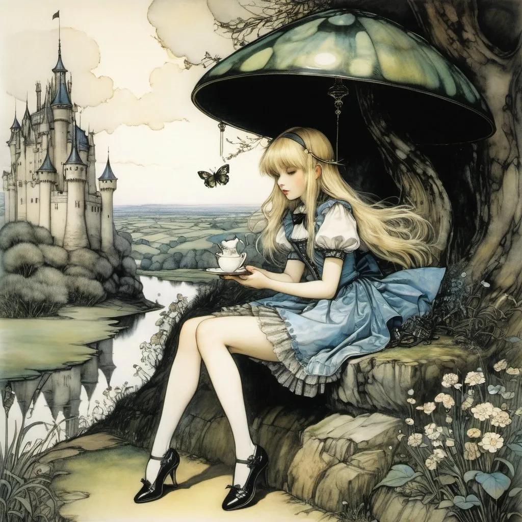 Prompt: Arthur Rackham, Russell Patterson, Surreal, mysterious, strange, fantastical, fantasy, Sci-fi, Japanese anime, Alice, a blonde miniskirt beautiful girl hatching from a chrysalis, castle, tea party, detailed masterpiece 