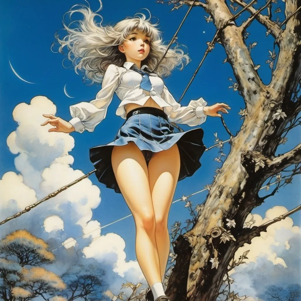 Prompt: Arthur Rackham, Jack Binder, Earl Norem, Kawabe Masahisa, Sean Phillips, Surrealism, wonder, strange, bizarre, fantasy, Sci-fi, Japanese anime, theater in the tree, shooting stars in the net, blue silver sky, miniskirt beautiful high school girl, perfect voluminous body, detailed masterpiece 