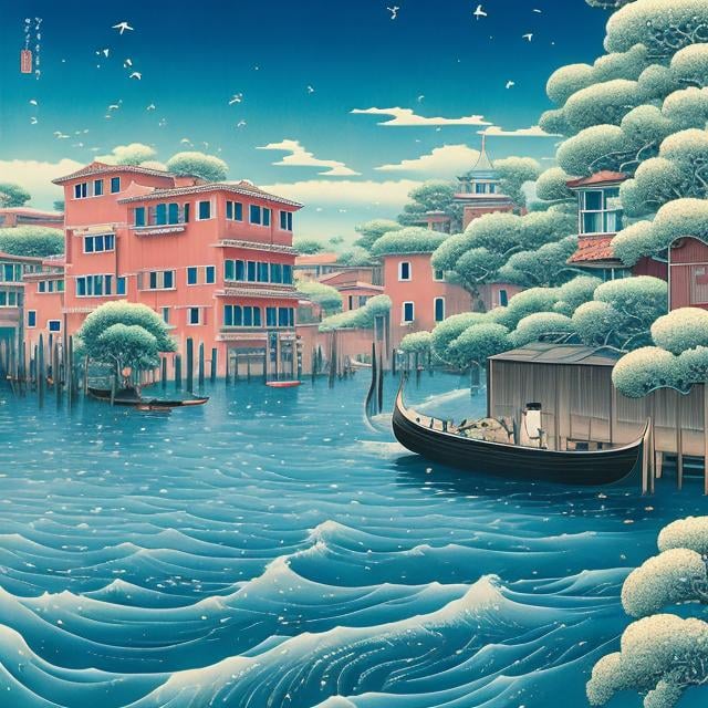 Prompt: Heikala, Hasui Kawase, Hokusai, Surreal, Mysterious, Strange, Fantastic, Fantasy, Sci-Fi, Japanese Anime, Venice, the City of Water, Water is time, and it gives beauty and its own alter ego. We are also part of water, and we too In this way, this town serves beauty. It scrubs the water and improves the appearance of time. That is the role of this town in the universe. We move, but the town does not. Tears are proof of that. For we are gone, and beauty remains, detailed masterpiece 